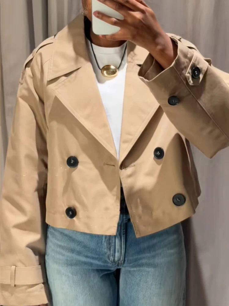 Solid Double-breasted Short Windbreaker Women Fashion Lapel Long Sleeve Slim Thin Jackets 2025 Autumn Female High Street Outwear