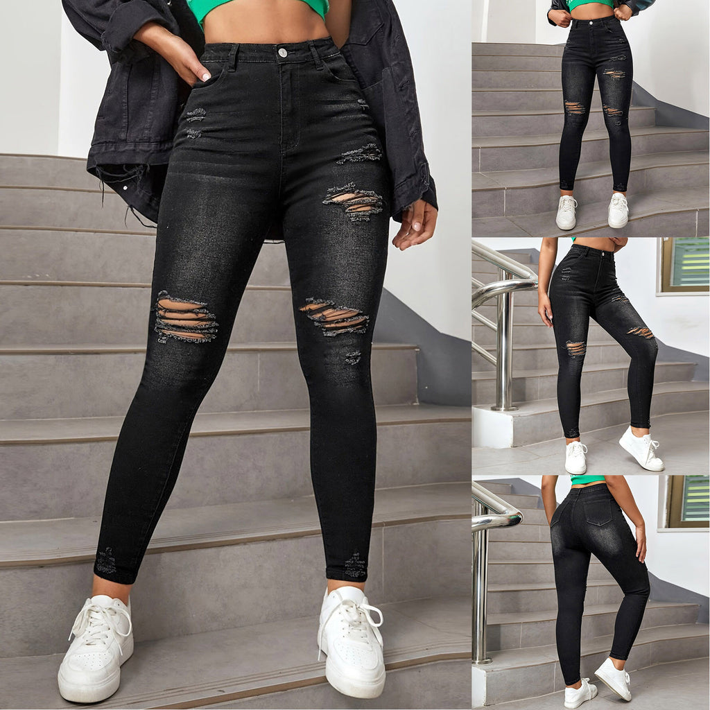 New In Women Fashion Mid Waist Ripped Hole Jeans Casual High Street Denim Pants Sexy Frayed Slim Fit Pencil Pants for Women