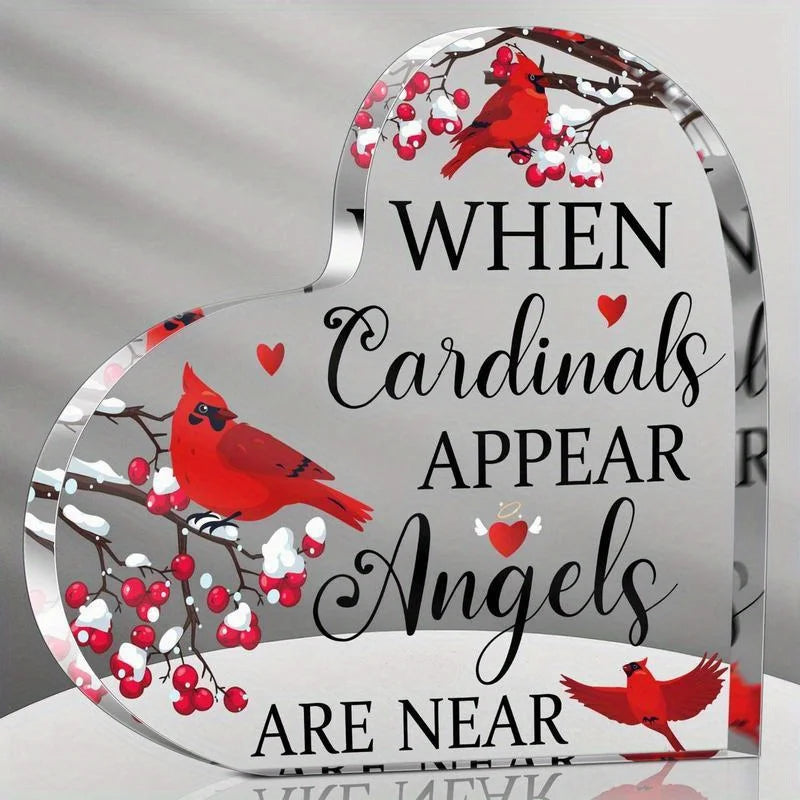 Red Cardinal Memorial Gifts – Crystal Acrylic Heart. Xmas Centerpiece, Sympathy for Loss.