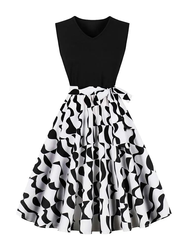 Retro Vintage Women's Summer Dress V-Neck Sleeveless High Waist Chic Floral Print with Belt 50s Style