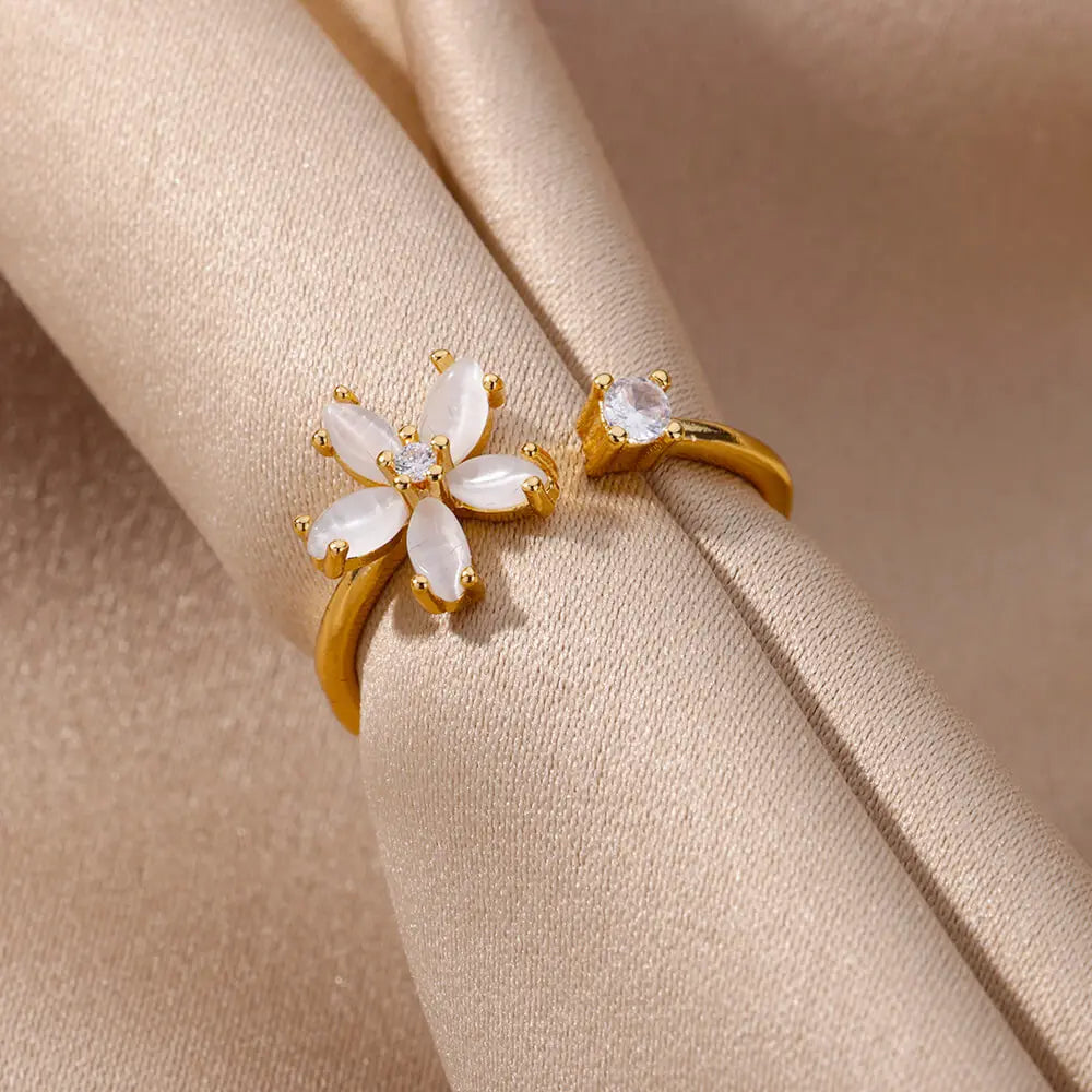 Opal Flower Rings For Women Cubic Zirconia Openning Stainless Steel Flower Ring Wedding Floral Aesthetic Jewelry anillos mujer