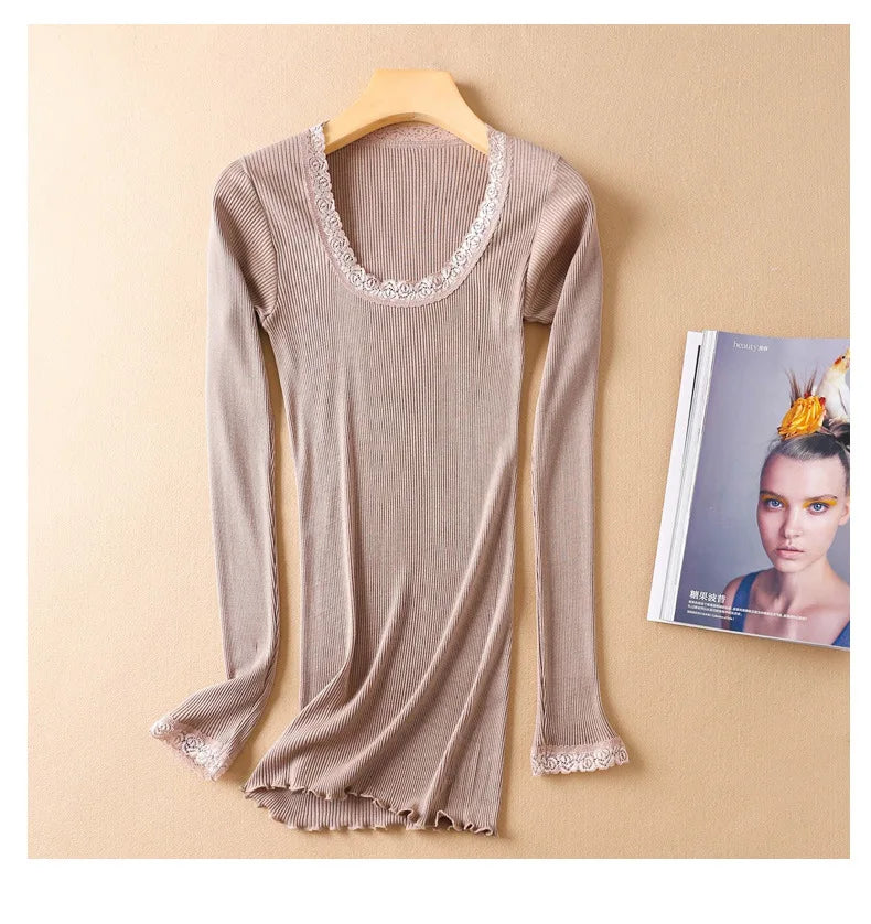 Autumn and Winter Mulberry Silk Women's Warm Underwear Round Neck Silk Lace Edge Long Sleeve Bottom Shirt Slim Fit