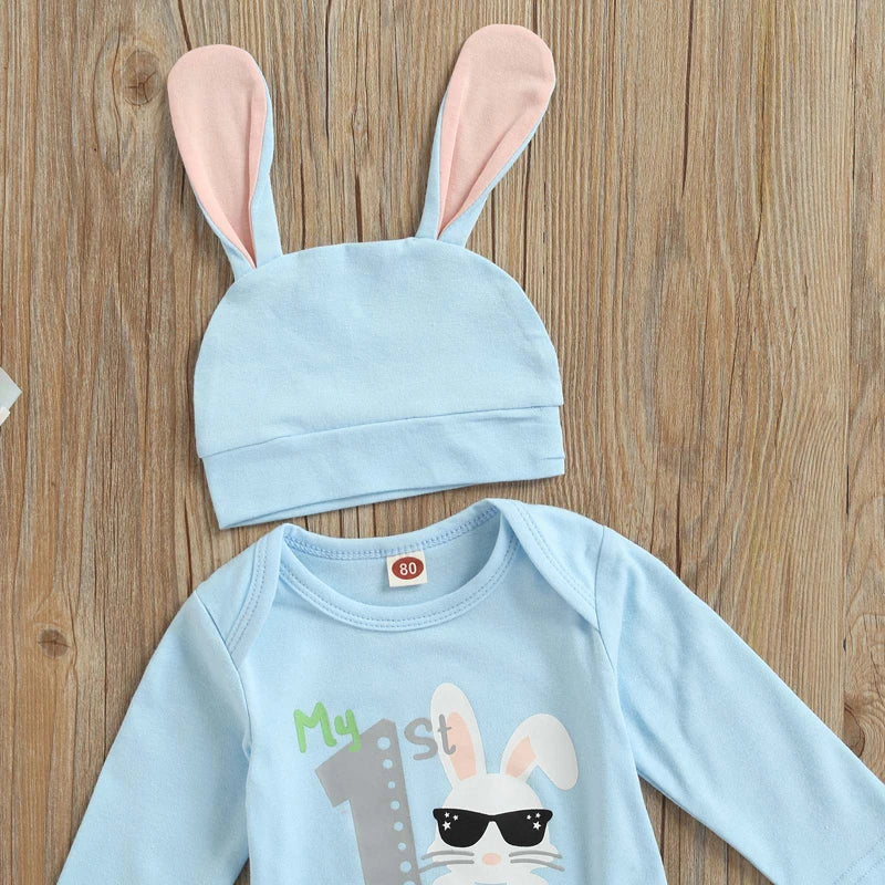 Adorable Infant Easter Outfit 3-Piece Bundle Cute Bunny Print Bodysuit Matching Striped Bottoms Bunny Ear Beanie