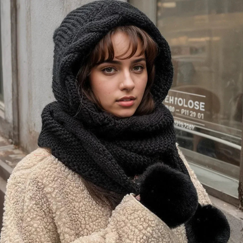 Women's Winter Hat Scarf Set - Thermal Wool Pom Beanie&Balaclava for Extreme Cold versatile hat with attached scarf  knitted hat