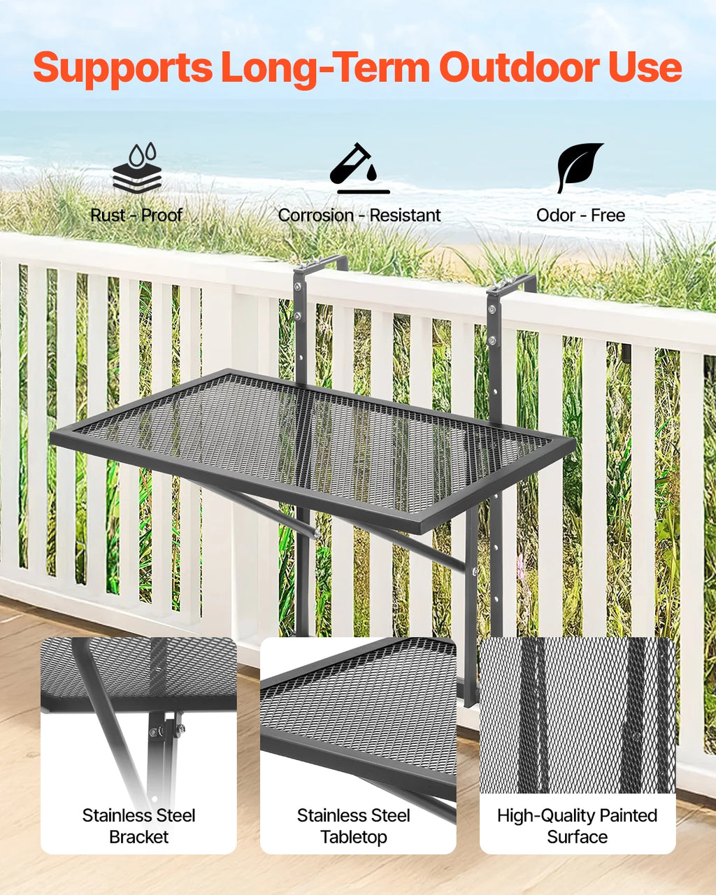VEVOR Balcony Hanging Table Metal Folding Balcony Railing Table Outdoor Balcony Bar Table for Railings Serving Table for Patio