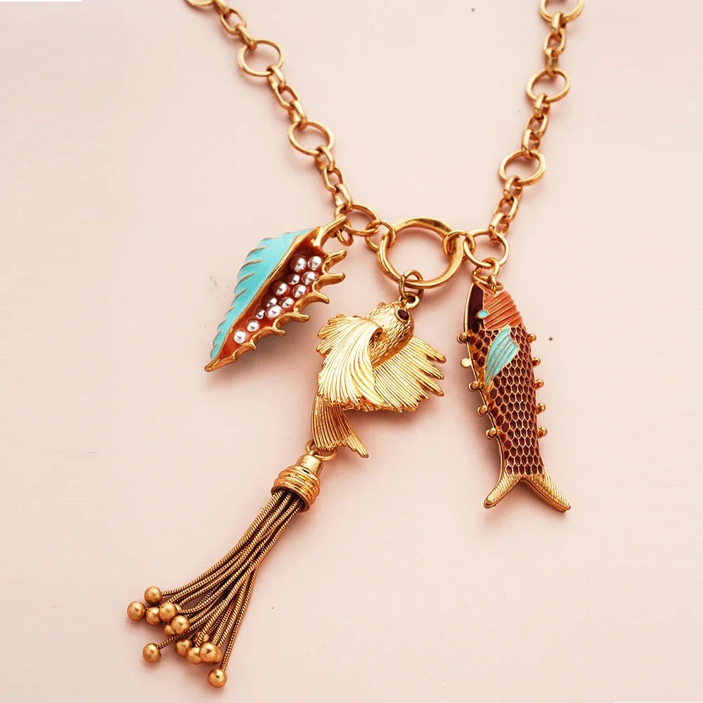 Bohemian sweater Necklaces for Women Fishes PendantsMermaid Tassels Marine Charms Birthday Party Chic Jewelry Beauty Accessories