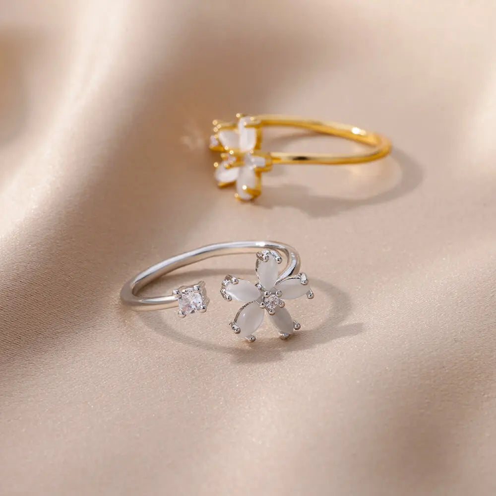Opal Flower Rings For Women Cubic Zirconia Openning Stainless Steel Flower Ring Wedding Floral Aesthetic Jewelry anillos mujer