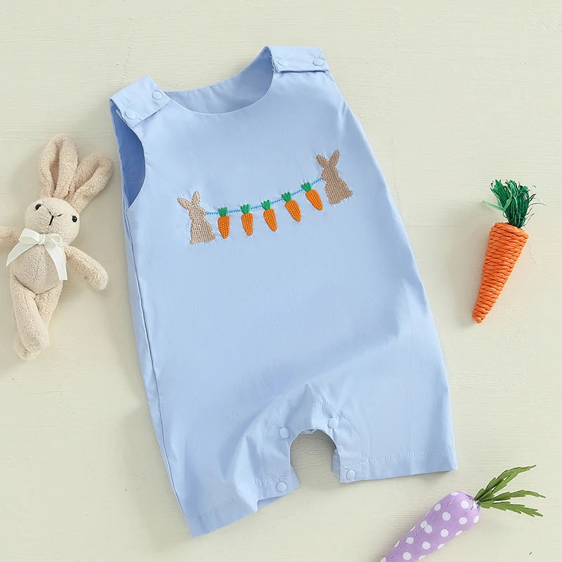 Infant Easter  Adorable Sleeveless Round Neck Rabbit Embroidered Loose Fit Romper Baby Jumpsuit Toddler Outfit for Spring