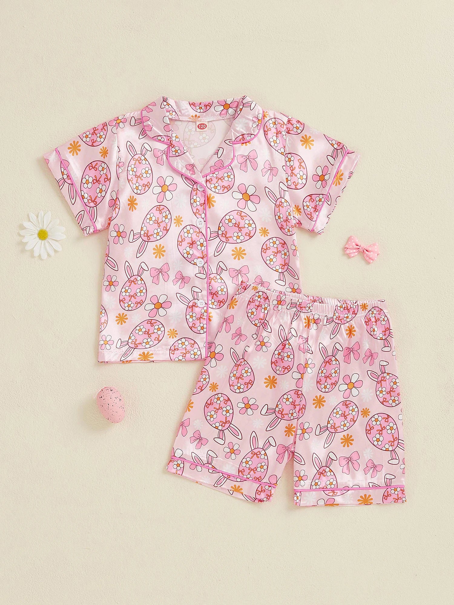 Adorable Toddler Girl Easter Pajamas Set with Egg and Floral Print Short Sleeve Lapel Tops and Elastic Waist Shorts Sleepwear