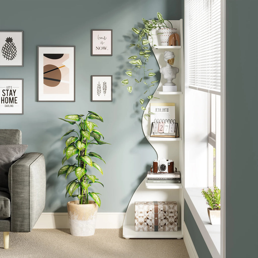 Tribesigns Corner Shelf, Modern 5-Tier Wall Corner Bookshelf, Stylish Corner Small Bookcase Storage Rack Plant Stand