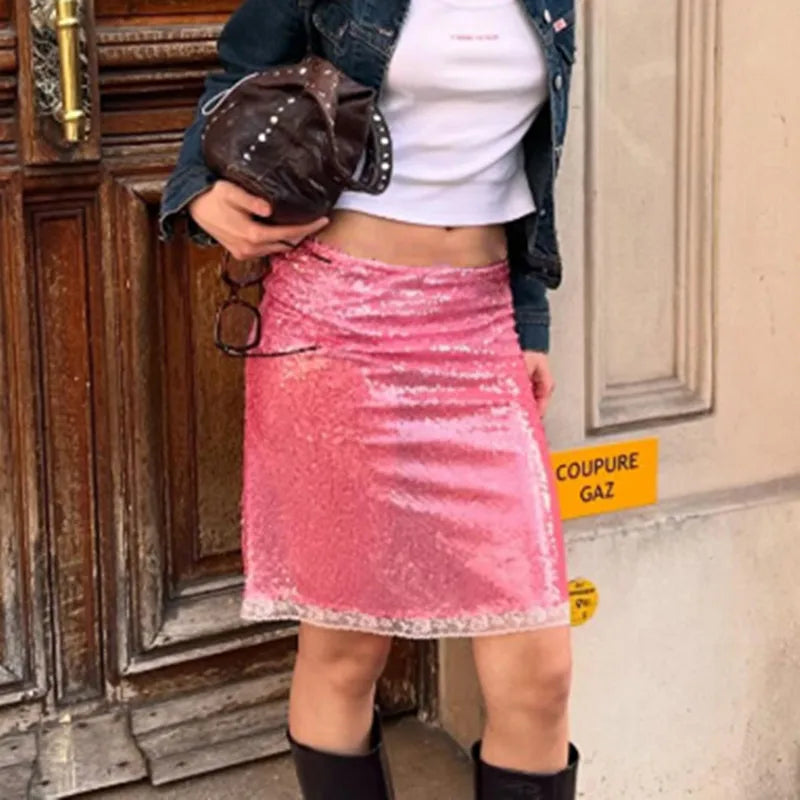 hirigin Women's Fashion Midi Skirts Sequins Lace Trim Low Waist Skirts Summer Fashion Bodycon Skirts Dress Y2K Streetwear