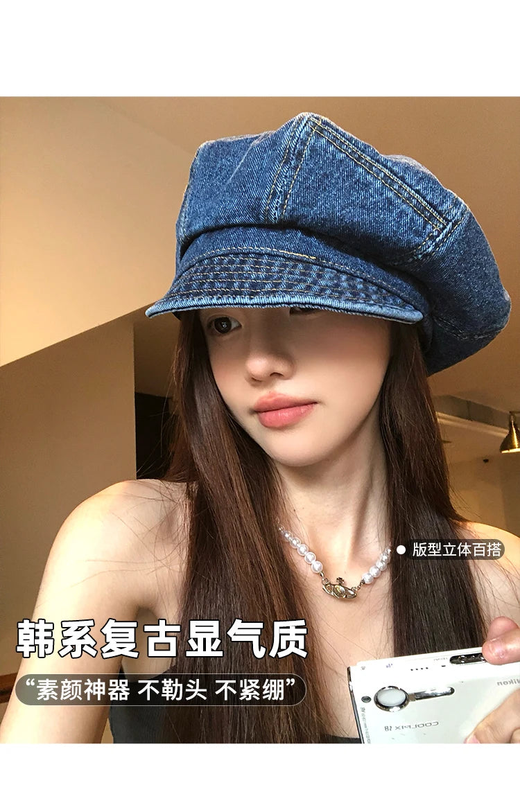 Japanese Retro Denim Cloud Berets Cap for Women Spring and Summer Casual Versatile Simple Literary Style Octagonal Newsboy Hat