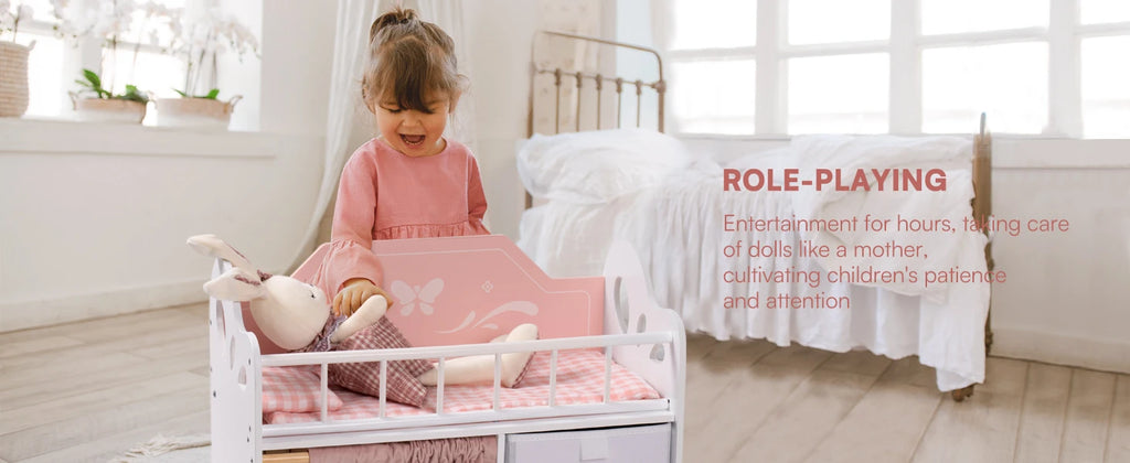 Robotime Baby Doll Crib Wooden Toy Baby Crib with Storage Bedding Wooden Hooks Doll Crib Fits Dolls up to 21" for Girls 3+ Pink