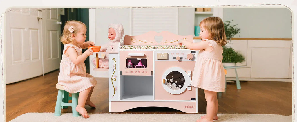 Robud Wooden 6-in-1 Baby Doll Changing Table with Baby Doll Crib Washing Machine Bottle Sterilizer Storage Area for Kids in Pink