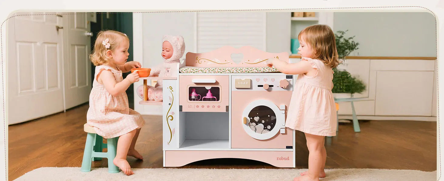 Robud Wooden 6-in-1 Baby Doll Changing Table with Baby Doll Crib Washing Machine Bottle Sterilizer Storage Area for Kids in Pink