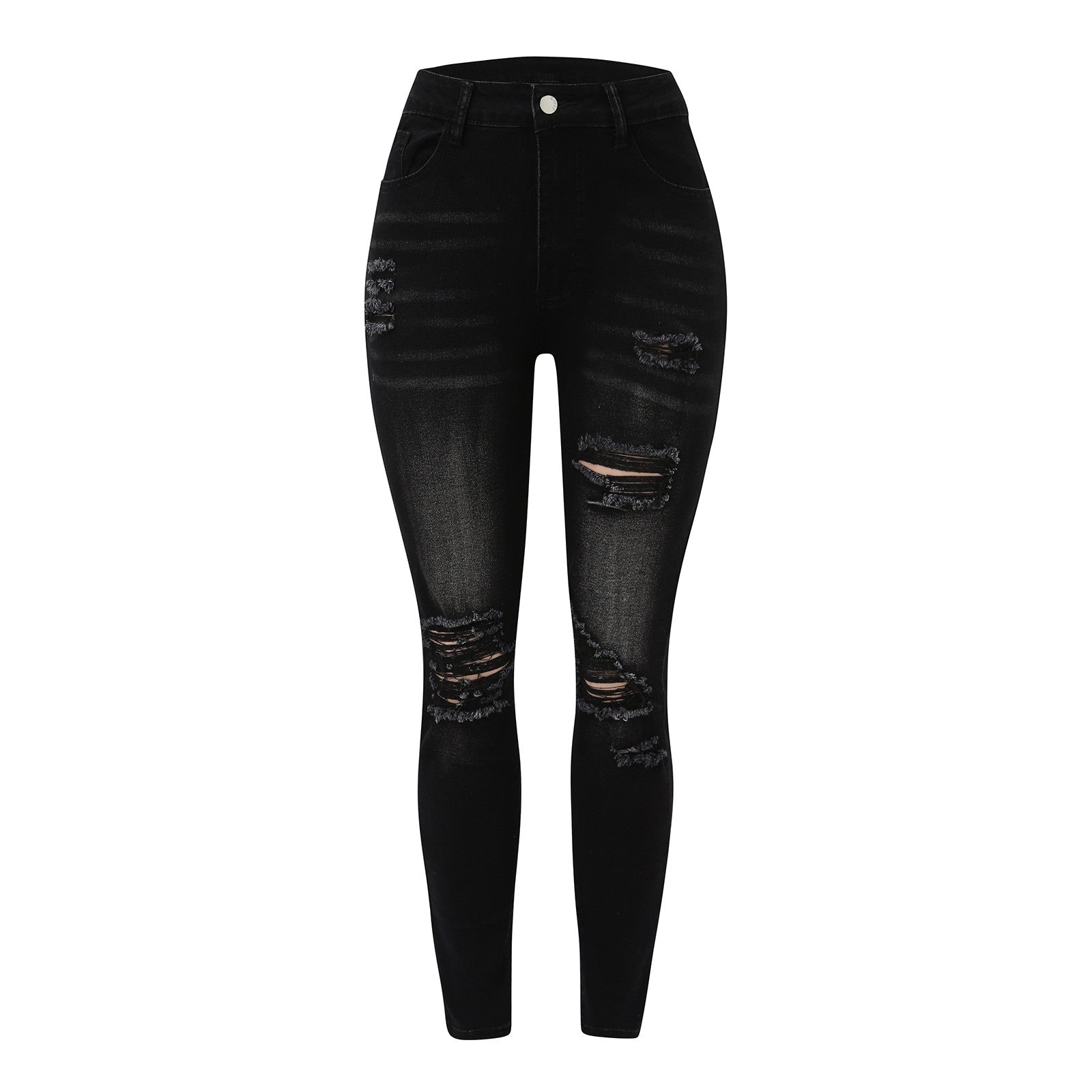New In Women Fashion Mid Waist Ripped Hole Jeans Casual High Street Denim Pants Sexy Frayed Slim Fit Pencil Pants for Women