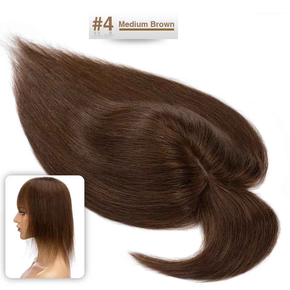 S-noilite Women Toppers Hair With Bangs Human Hair 7x13cm Silk Base Hair Cilp Wig Clip In Hair Extensions Hairpiece Natutal Hair