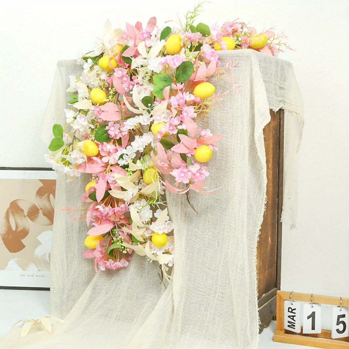 Easter Garland with Artificial Lemon and Flowers, 5.9ft Spring Garland Vine Easter Garland for Mantle Fireplace Arch