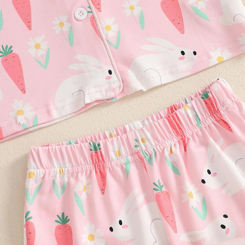 Adorable Toddler Girls Easter Bunny Pajama Set with Short Sleeve Top and Shorts for Spring Summer Loungewear - 2 Piece Set