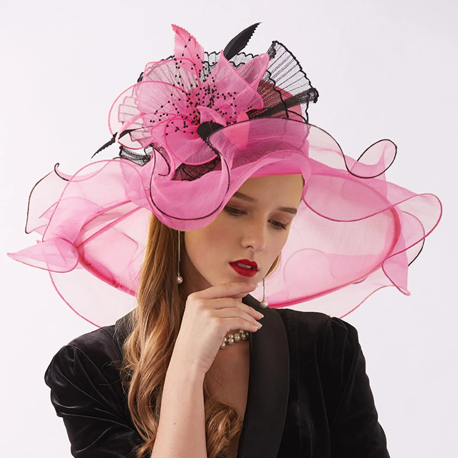 Women Elegant Sun Hats Wide Brim Organza Fedoras Wedding Derby Tea Party Fascinator Hat Summer Floral Sunhats Ladies Beach Cap