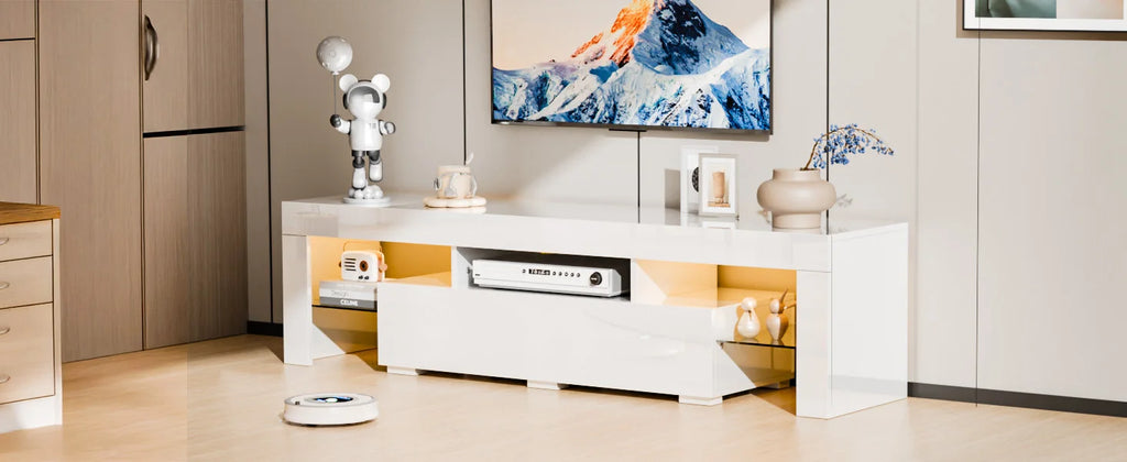 VINGLI LED TV Stand, 63'' High Glossy Modern Entertainment Center with LED Lights and Storage for 55/60/65/70 Inch TV - White