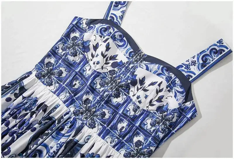JAMERARY Summer Blue And White Porcelain Flower Printing Floral Long Dress Women Straps Zipper Elastic Backless Midi Vestidos