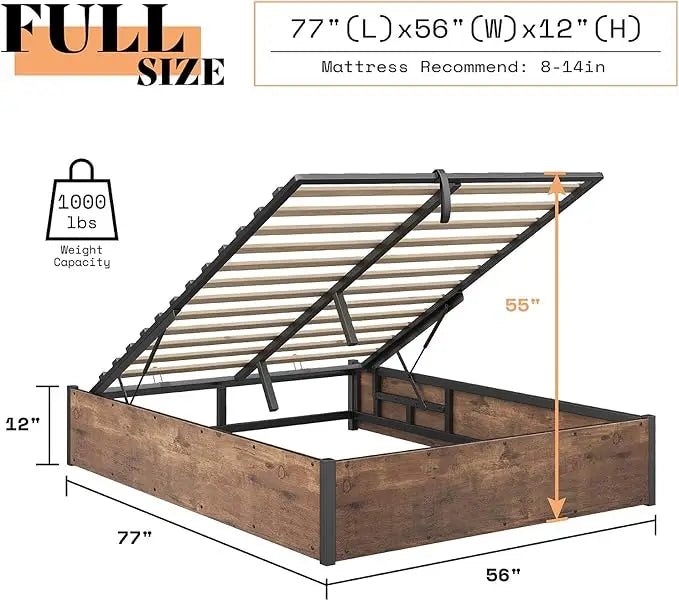 Lift Up Storage Bed, Queen Bed Frame with Storage Underneath, Wooden Platform Bed Frame, Solid Wood Slats Support
