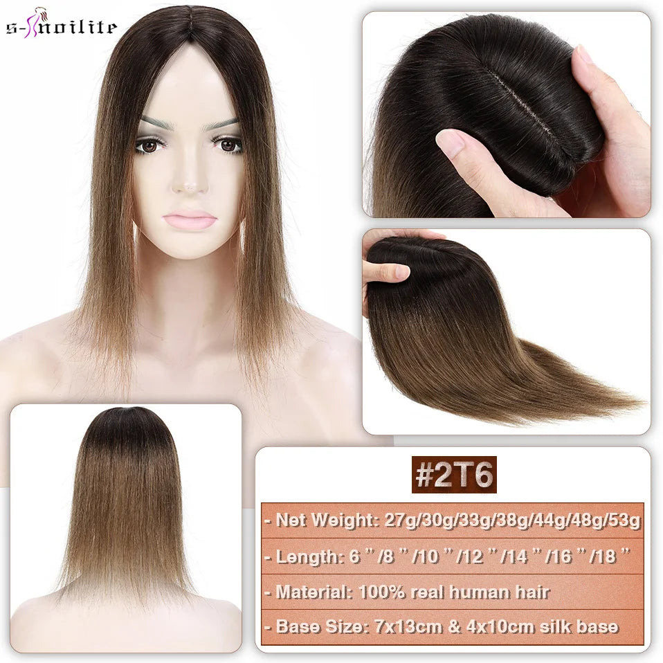 S-noilite 7x13cm Hair Toppers Human Hair For Women Natural Hair Topper Wigs Women Topper Silk Base Hair Clip In Hair Extensions