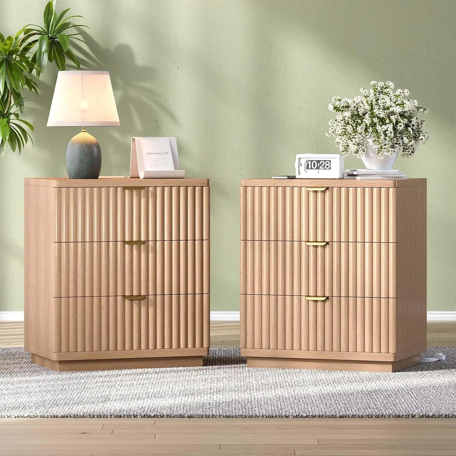 Nightstands Set of 2, Fluted Nightstand with Charging Station and 3 Drawer Storage, Large Modern Bedside Table,, Customized