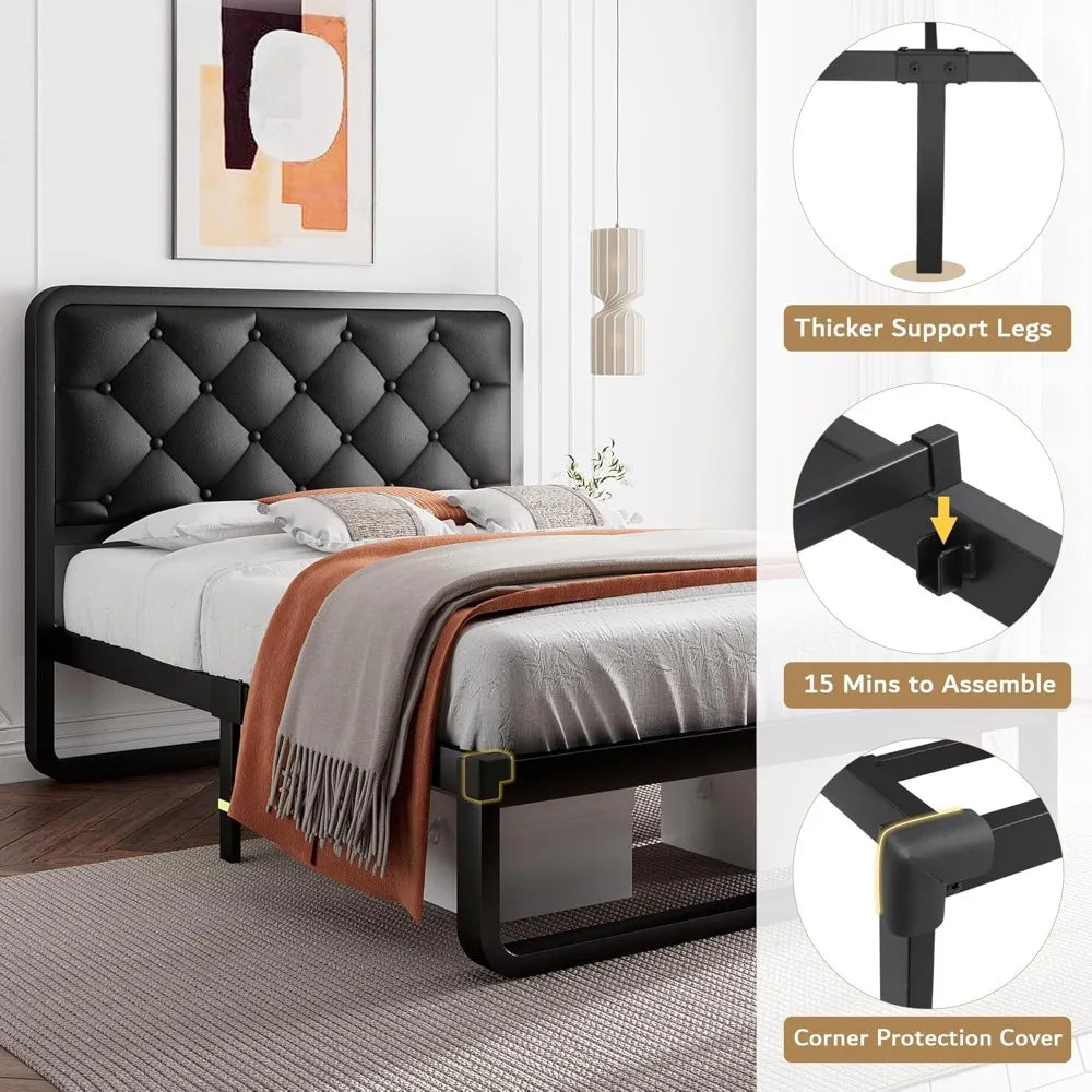 Double Bed Frame with Headboard, Faux Leather Upholstery, All-metal Bed Board Supporting Platform, 12 Inches of Under-bed Space