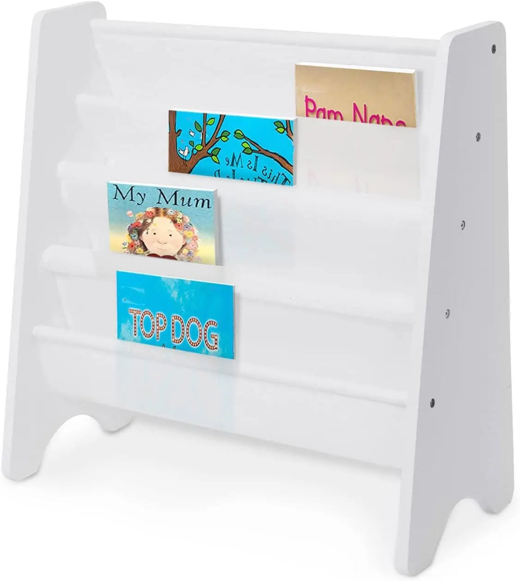 4 Tier Childrens Bookshelf Wooden White Kids Sling Storage Child Bookcase Shelf with Soft Canvas for Book Storage