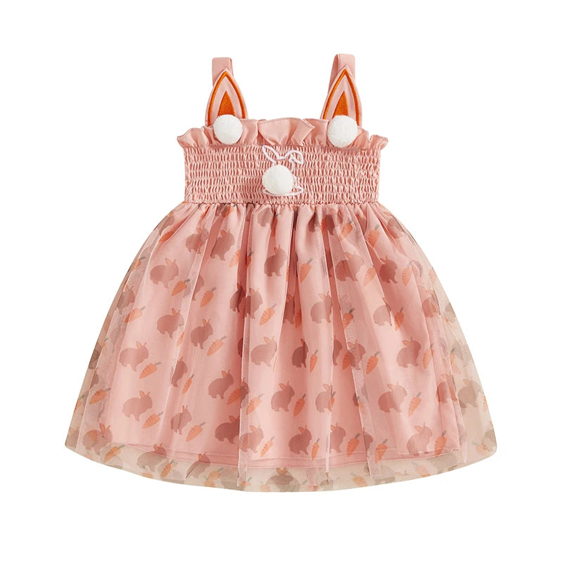 Girls Easter Bunny Print Sleeveless Dress Summer Fashion Casual Kids Princess Dress with Carrot Pattern