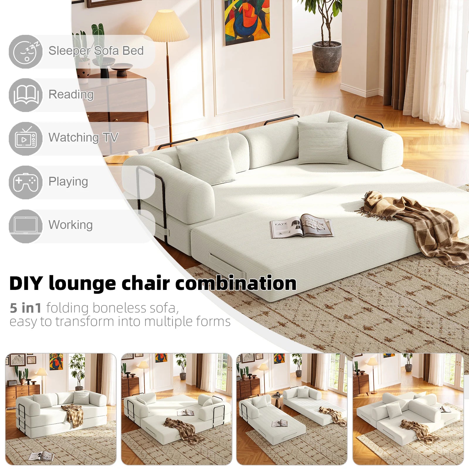 Convertible Floor Sofa Bed with Fixed-Shape Frame,  5-in-1 DIY Combination Modular Sofa,  for Living Room Bedroom Playroom