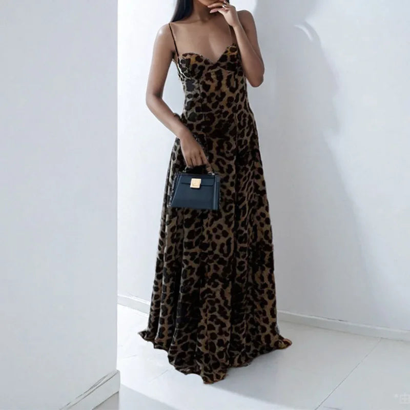 VEITCHE Summer Vintage Lepord Print Sling Dress Women Suspender Sleeveless Backless High Waist Long Dress Lady Maxi Robe