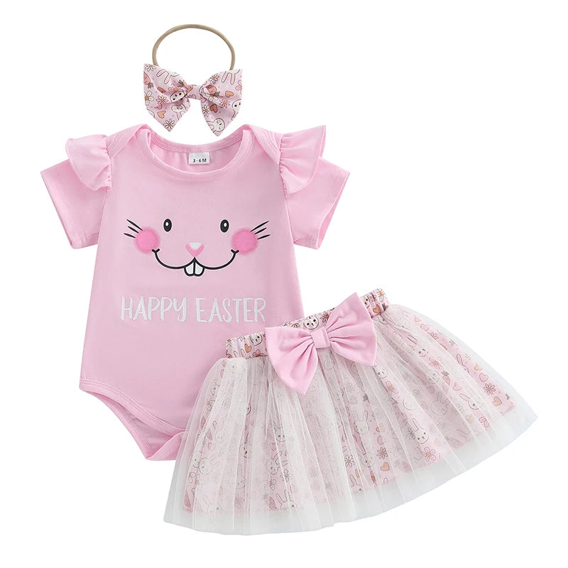 Adorable Baby Girl Easter Outfits with Bunny Print Romper Skirt and Headband - 3 Piece Clothing Set for Spring Celebrations