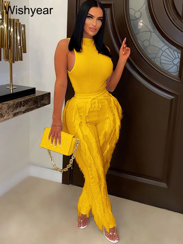 Fashion Sleeveless Top and Drawstring High Waist Fringed Straight Pants Tassel Two Piece Sets Women Streetwear Autumn Tracksuit