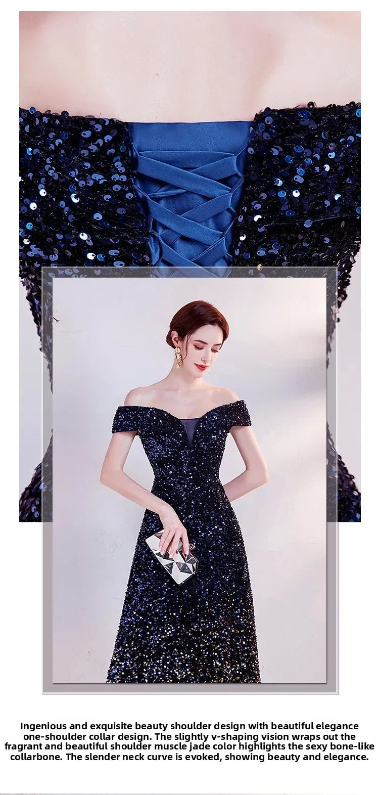 One Shoulder Evening Gown New Gradient Black Annual Party Stage Performance Host Walking Fish Tail Dress for Women 2026