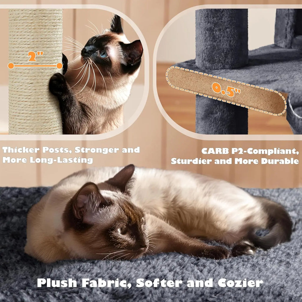 54in Cat Tree, Multi-Level Cat Tower With Spacious Kitten-ear Perch, 2 Cozy Caves, Scratching Posts, Climbing Ladder, 2 Plush Ba