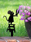 1pc silhouette metal garden post with scissors mouse design, art deco lawn sign, creative animal sculpture decorations