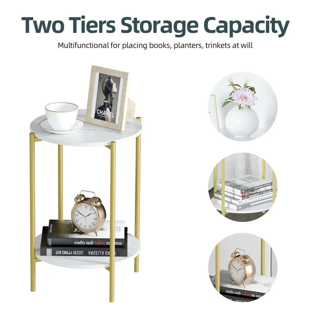 LUVODI 2-Tier Round Coffee End Tables Sofa Side Table Plant Stand with Storage Shelf Metal Frame for Living Room Bedroom