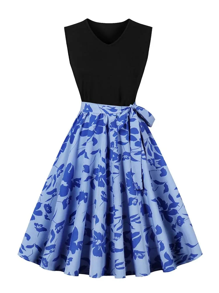 Retro Vintage Women's Summer Dress V-Neck Sleeveless High Waist Chic Floral Print with Belt 50s Style