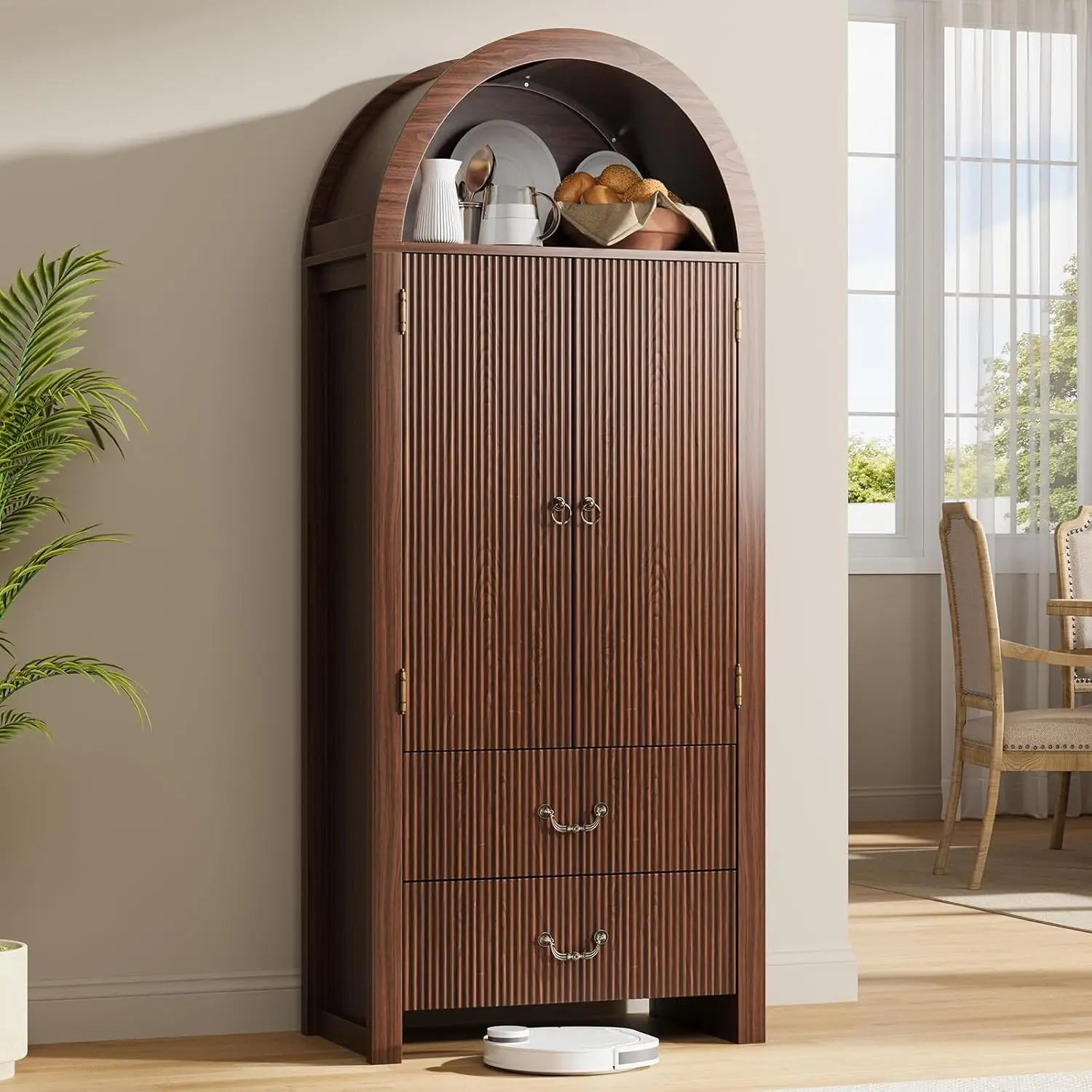 Fluted Arched Cabinet with Doors, Wood Pantry Storage Cabinet with Large Drawers, Modern Versatile Bookcase ,Customized