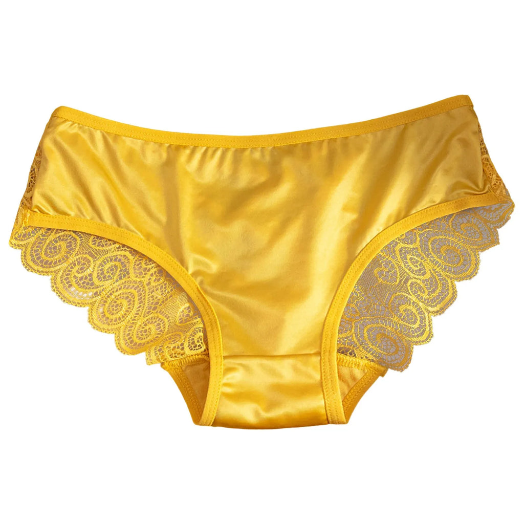Yellow Women's Panties Silk Satin Underwear Lace Sexy Lingerie Breathable Mid Waist Female Briefs Comfortable Panty Underpants