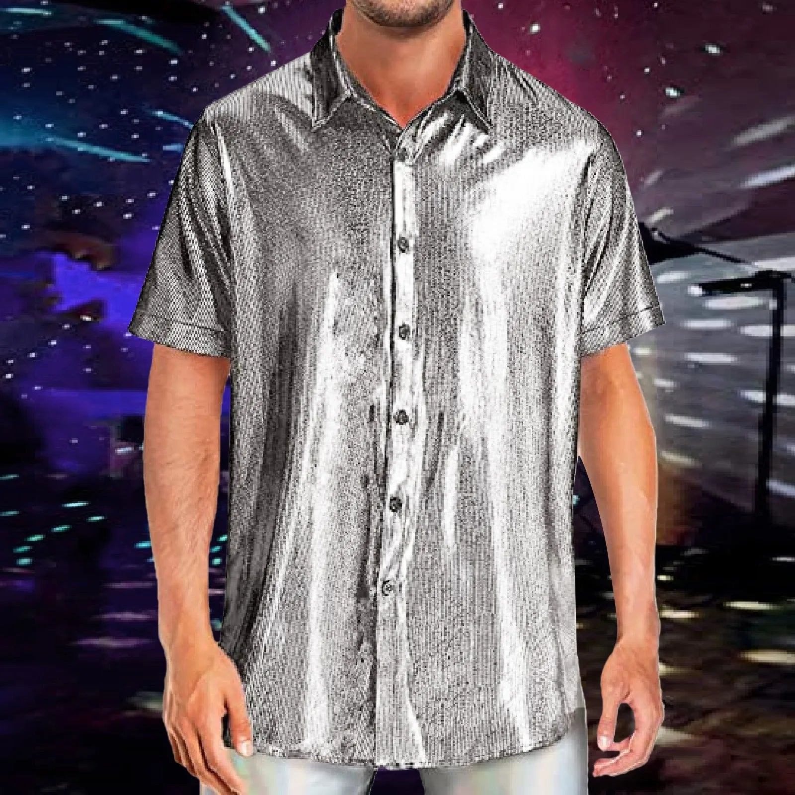 Mens Shiny Sequins Shirt Fashion Men's Performance Shirt Turn-Down Collar Short Sleeved Shirts For Club Party Disco Stage Show