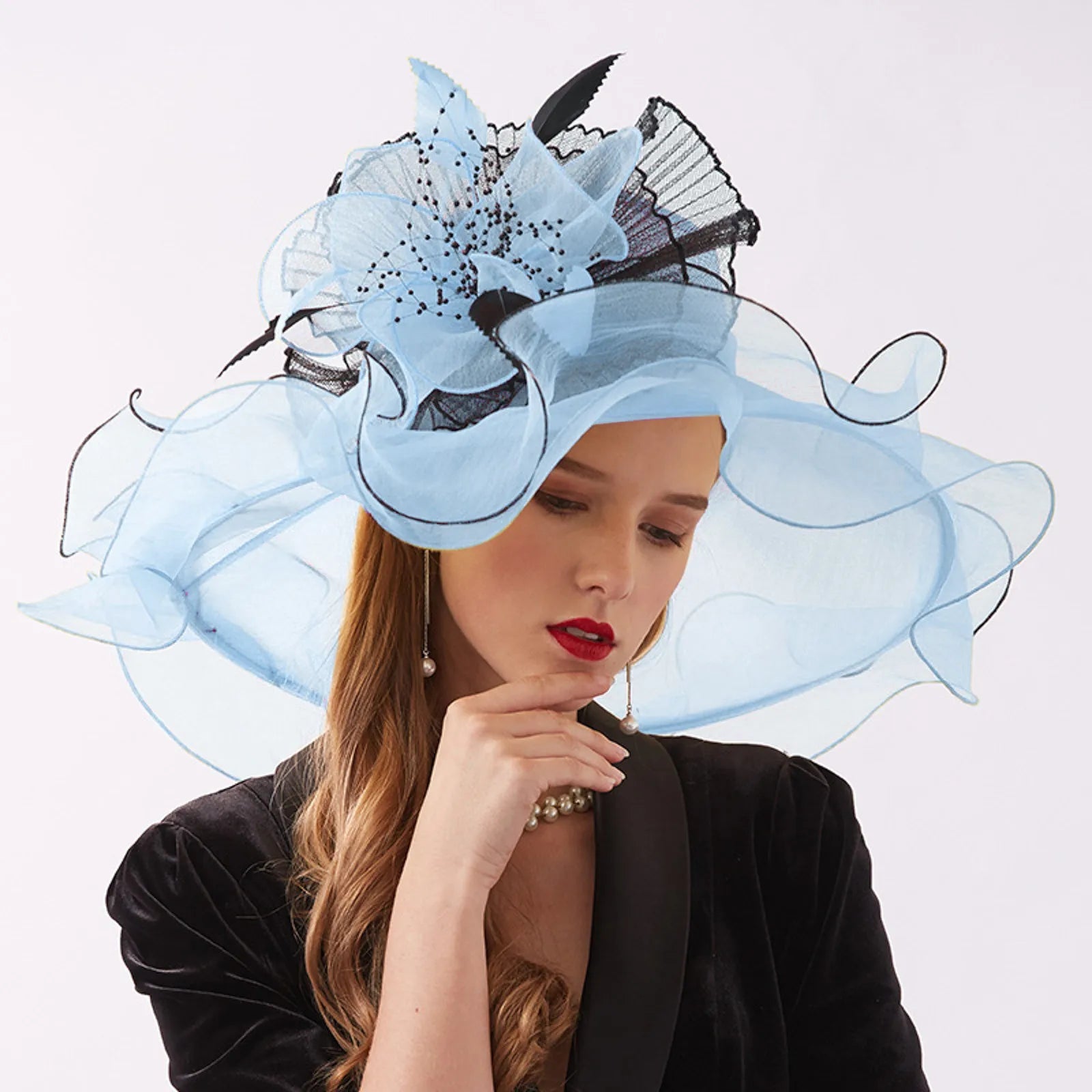 Women Elegant Sun Hats Wide Brim Organza Fedoras Wedding Derby Tea Party Fascinator Hat Summer Floral Sunhats Ladies Beach Cap