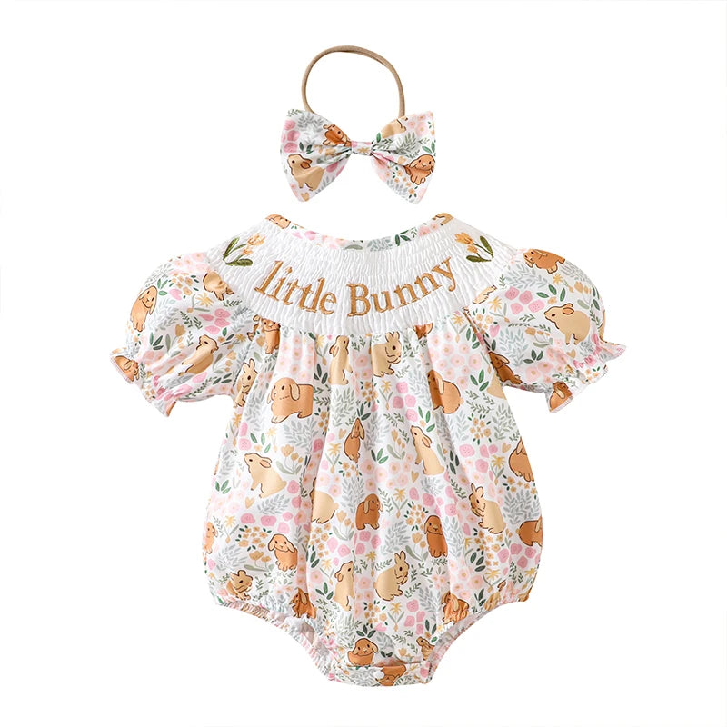 Adorable Infant Easter Jumpsuit with Cute Bunny Embroidery Short Sleeves Round Neck and Matching Bow Headband