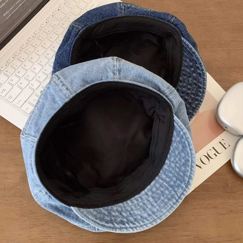 Japanese Retro Denim Cloud Berets Cap for Women Spring and Summer Casual Versatile Simple Literary Style Octagonal Newsboy Hat