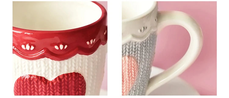 480ml Large Ceramic Coffee Mug Kawaii Bowknot Tea Cup Pink Wool Knitting Mug Dishwasher and Microwave Safe