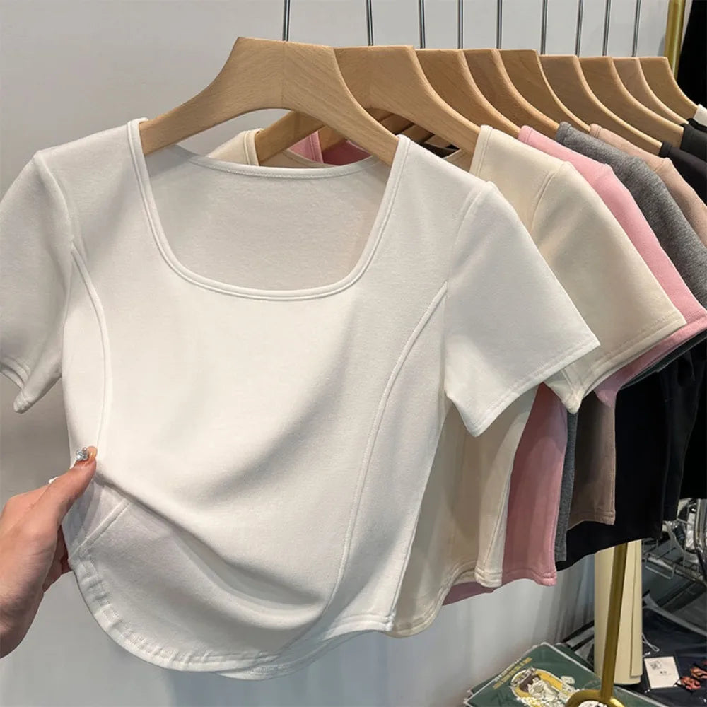 Fashion Summer Square Neck T-shirt Sweet Simplicity Slim Top Casual Trendy Short Top Female