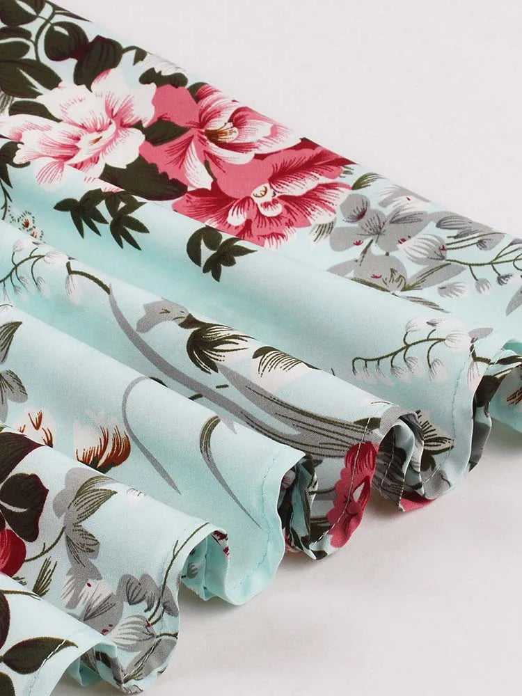 Retro Vintage Women's Summer Dress V-Neck Sleeveless High Waist Chic Floral Print with Belt 50s Style